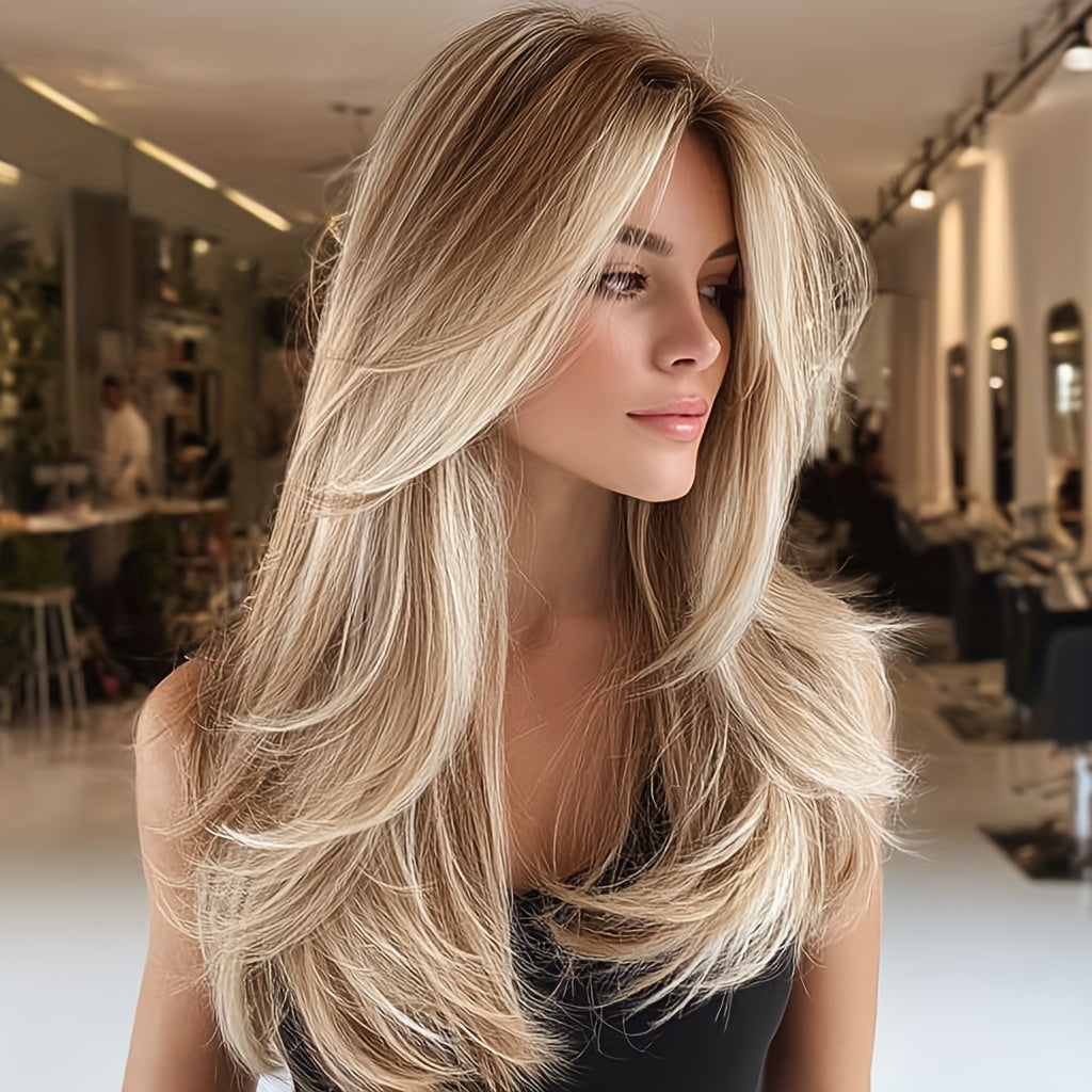 22-Inch Ombre Platinum Blonde Wig for Women - Heat-Resistant Synthetic Hair, & Lightweight, Straight Style, Rose Net Cap, Perfect for TikTok, Instagram