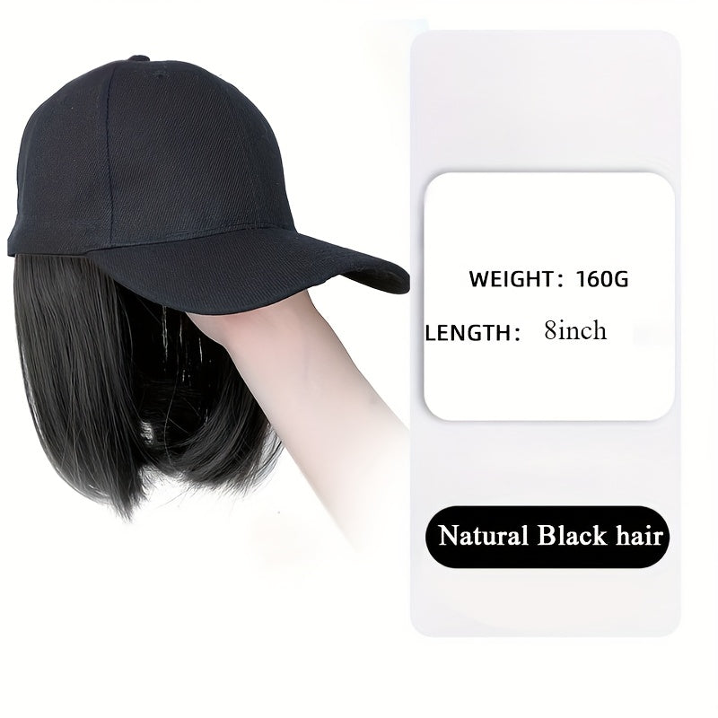 Chic 8-Inch Short Bob Wig with Adjustable Black Baseball Cap - Easy-to-Wear Synthetic Hair Extension for Women & Girls