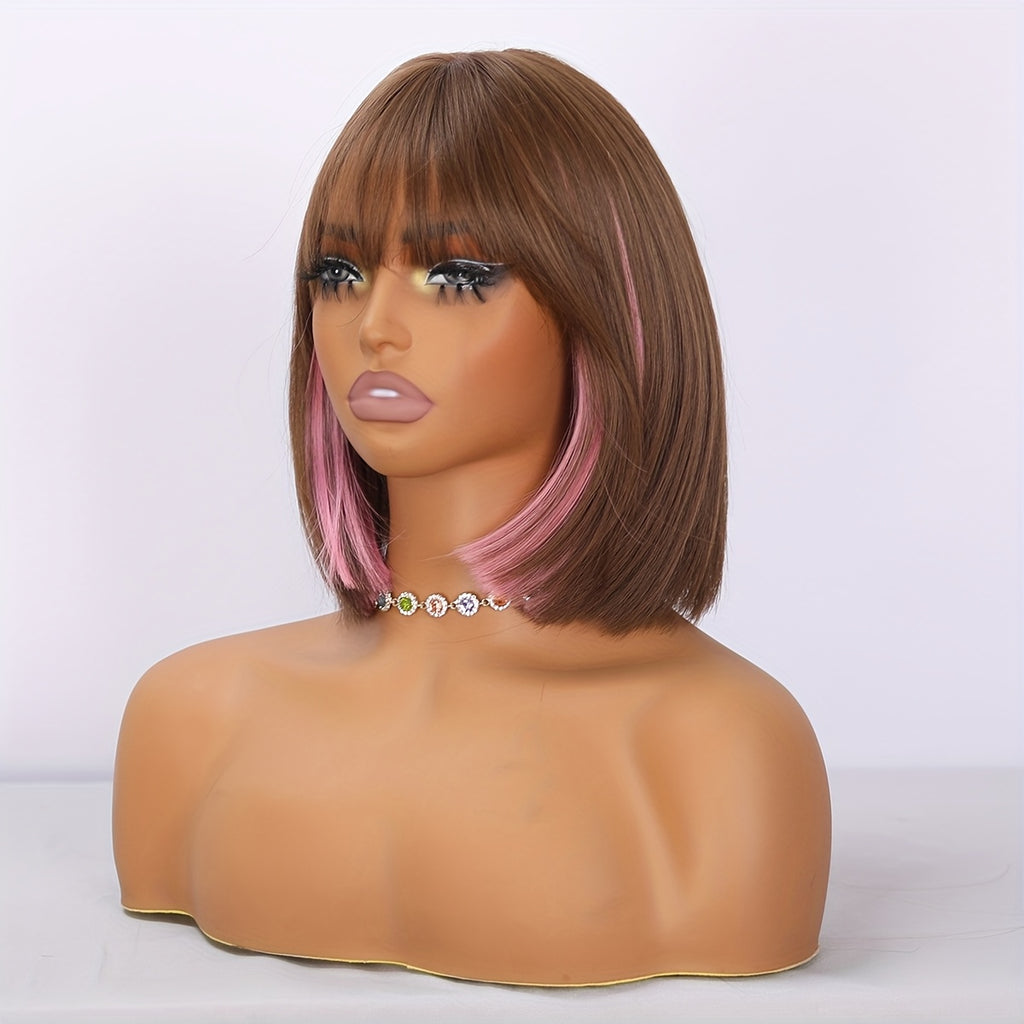 14-inch Brown Mixed Pink Bob Synthetic Short Hair With Bangs Look Is Easy To Wear For Daily Commutes To Various Parties Wigs For Women, Wigs For Women, Wigs For Women